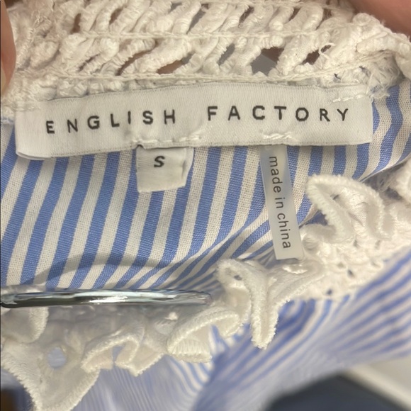 English Factory Blue & White Puff Sleeve Blouse with Lace Size S PTP 19” EUC - Picture 7 of 7